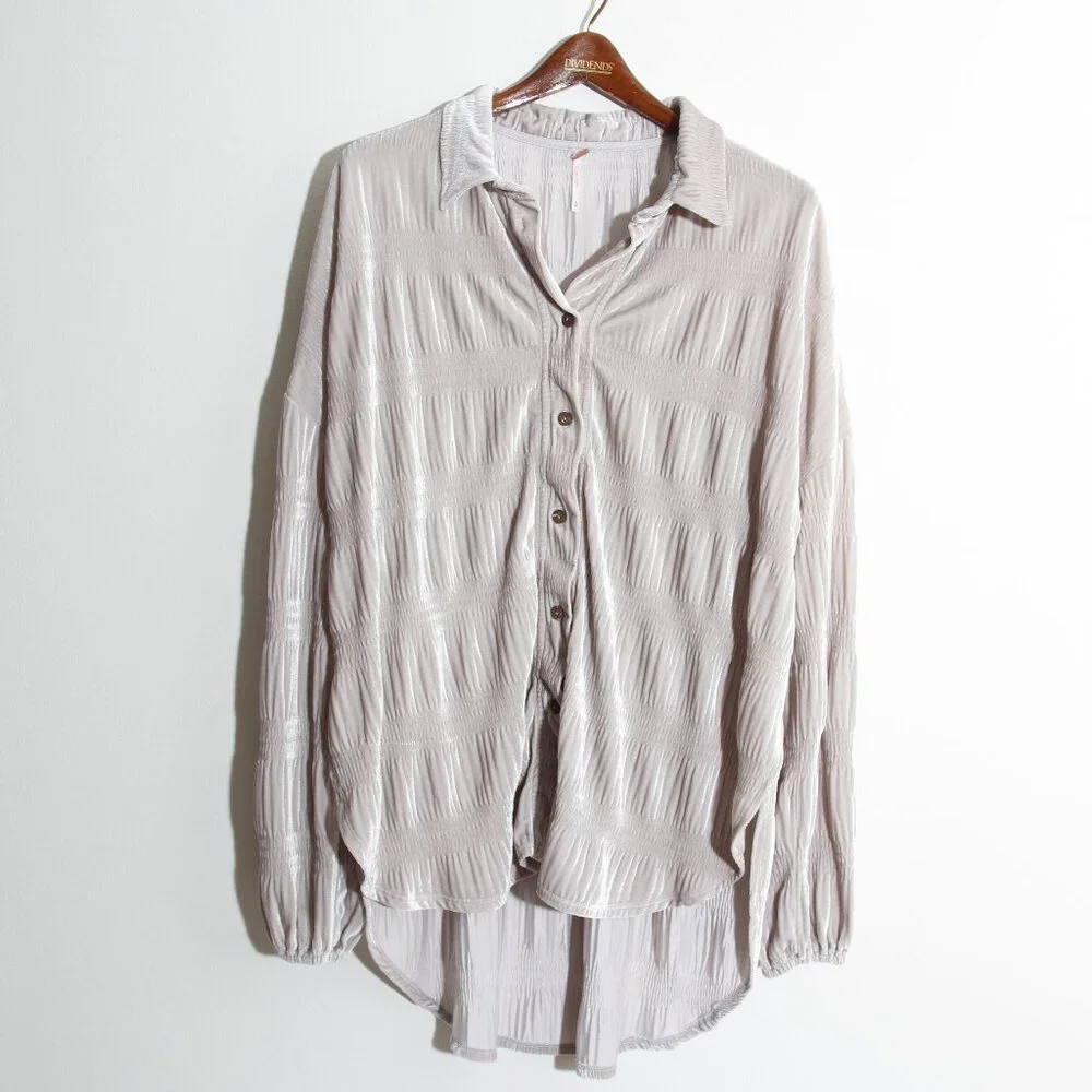 Free People My Best Top Winter Fog Grey Velvet Button Down Tunic Size Medium